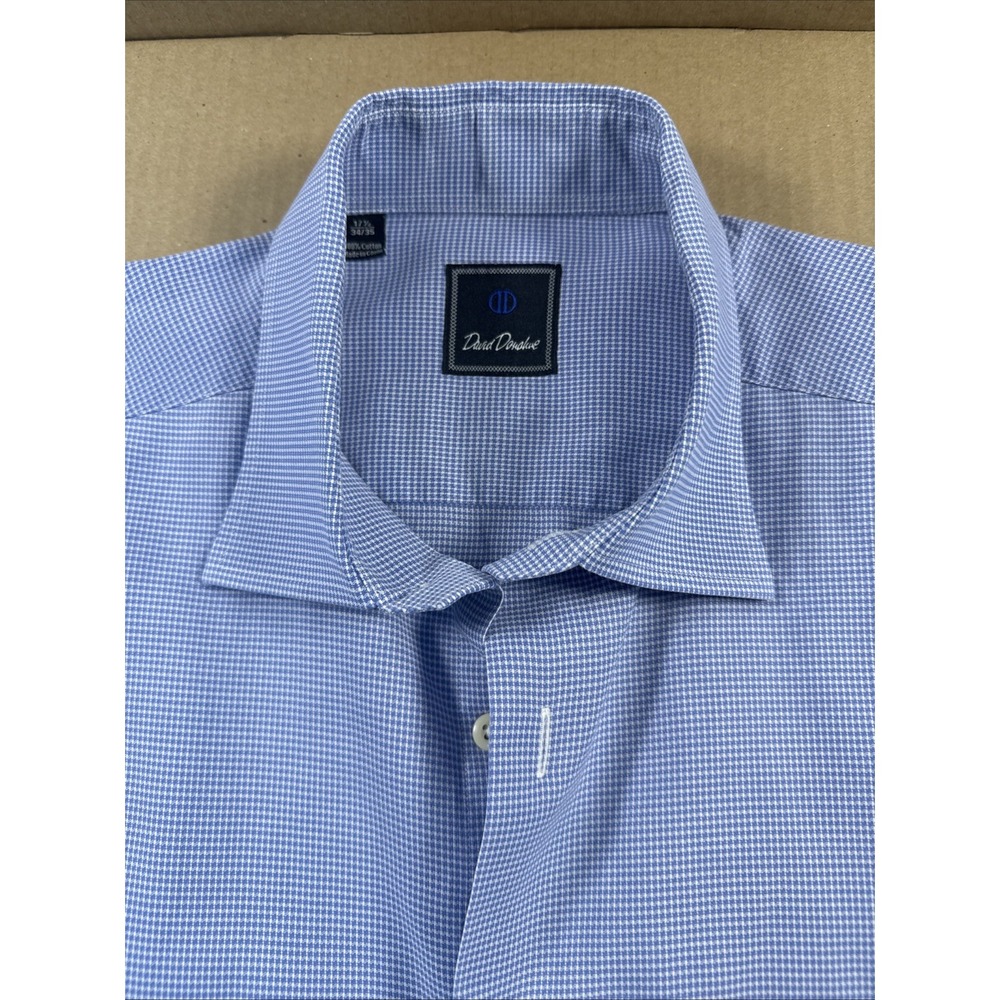 David Donahue Trim Fit Micro Houndstooth Dress Shirt Men's 17.5 34/35 Blue